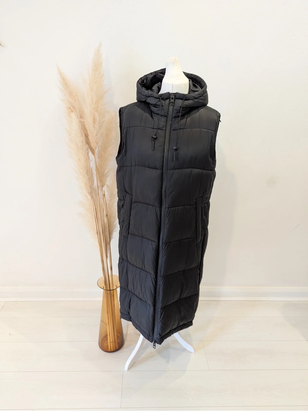 Zara Black Long Quilted Hooded Vest